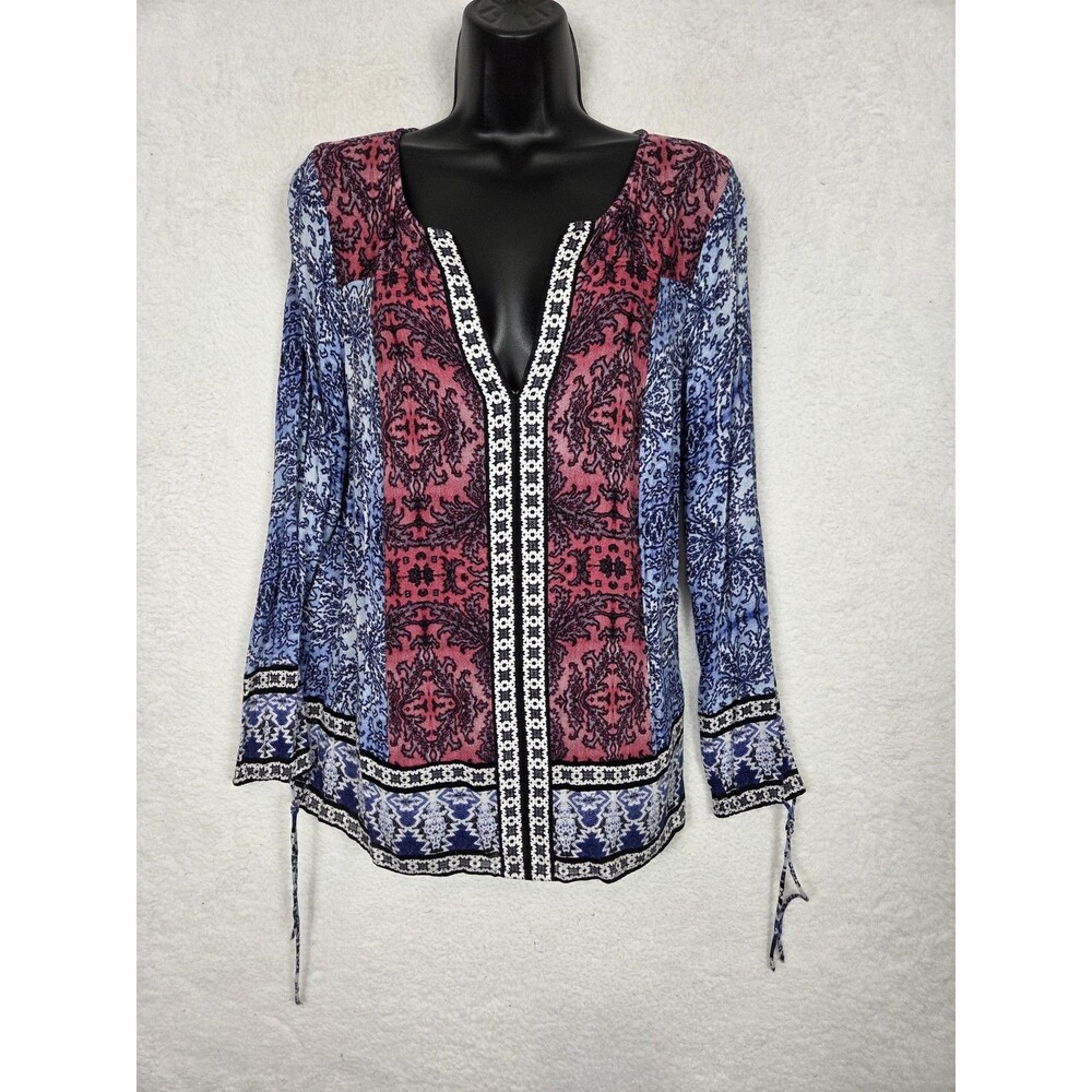 Lucky Brand Tunic‎ Blouse Womens L Paisley V Neck Boho Patchwork Whimsical Top